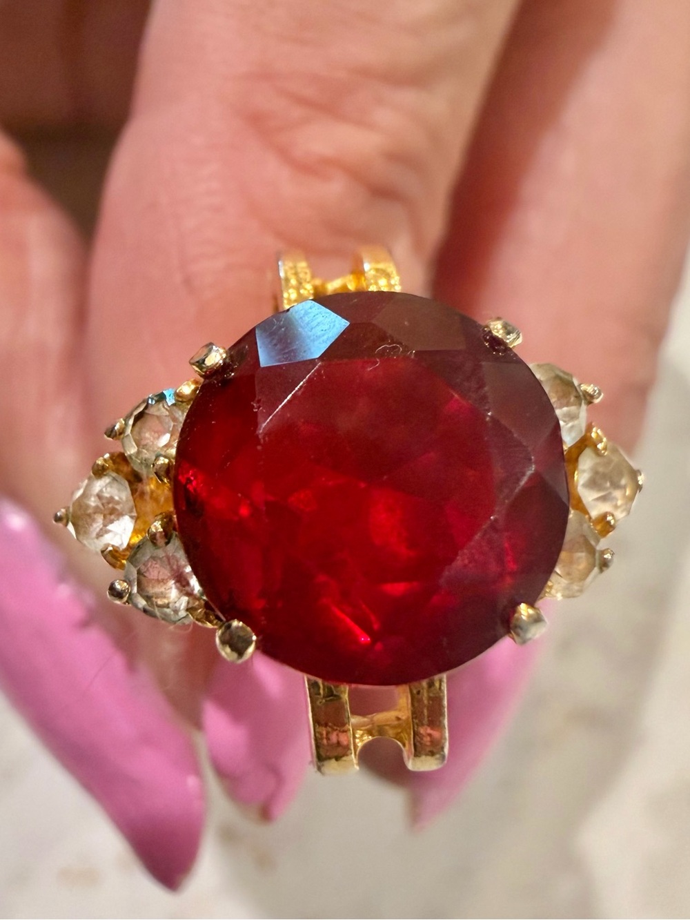 Vintage 14K HGE Ruby Red Statement Cocktail Ring - Size 5.5 - Retro Cathedral Se